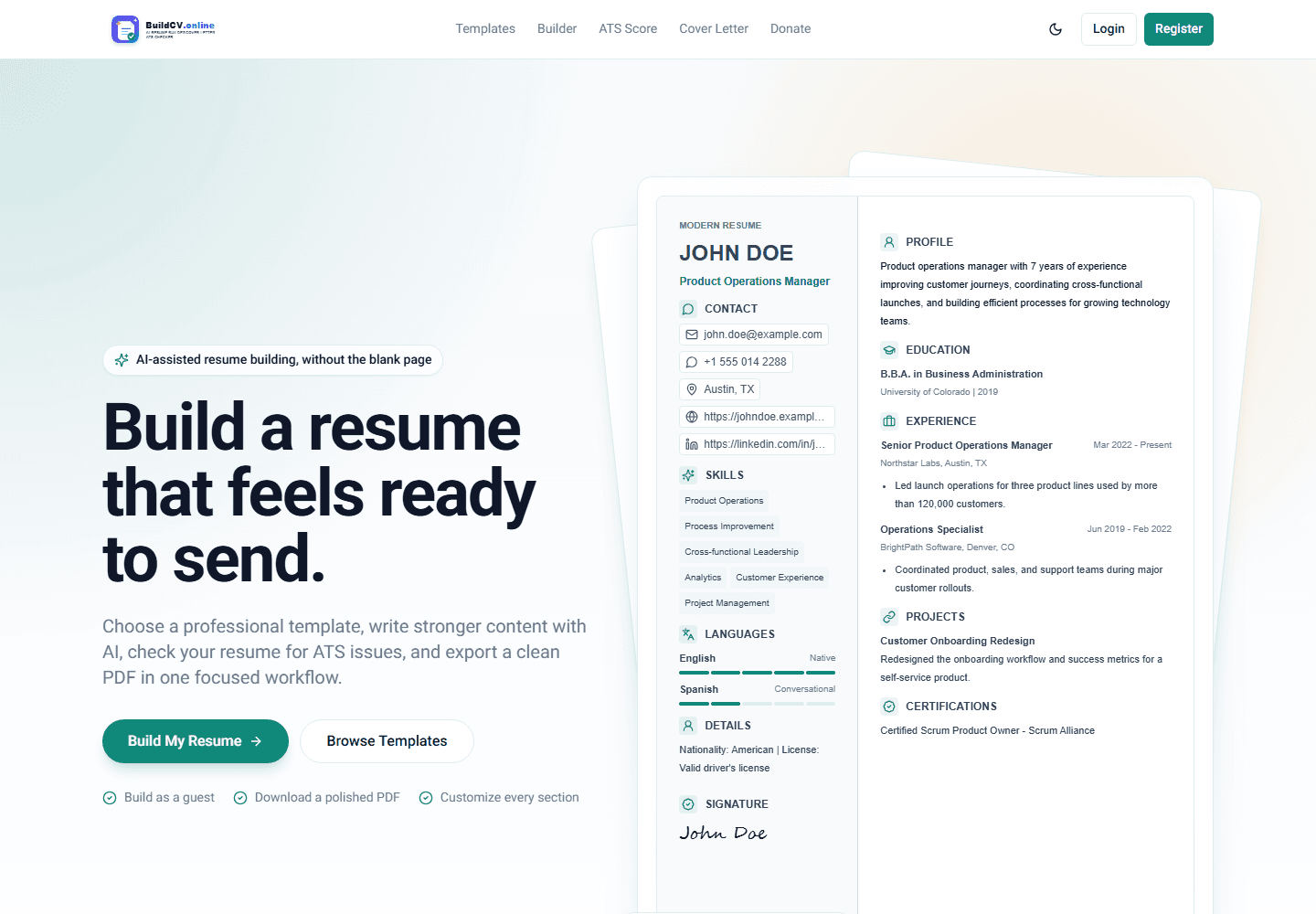 BuildCV public website screenshot